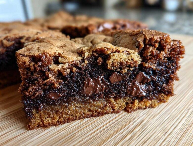 A close-up of a decadent fudgy brookie bar showing the chewy cookie top and the rich, molten chocolate brownie layer with melted chips.