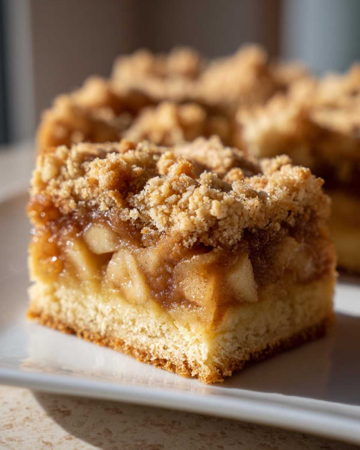 A close-up shot of a single serving of delicious & easy apple pie bars showing the thick apple filling and crumb topping.