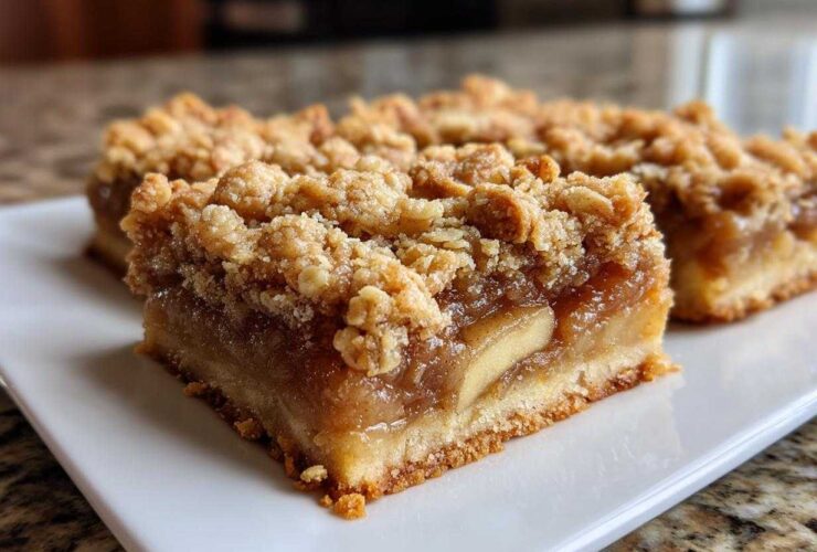Close-up of a thick slice of delicious & easy apple pie bars featuring a buttery crust, gooey apple filling, and a crunchy crumble topping.