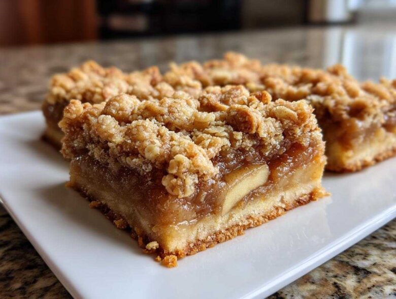 Close-up of a thick slice of delicious & easy apple pie bars featuring a buttery crust, gooey apple filling, and a crunchy crumble topping.
