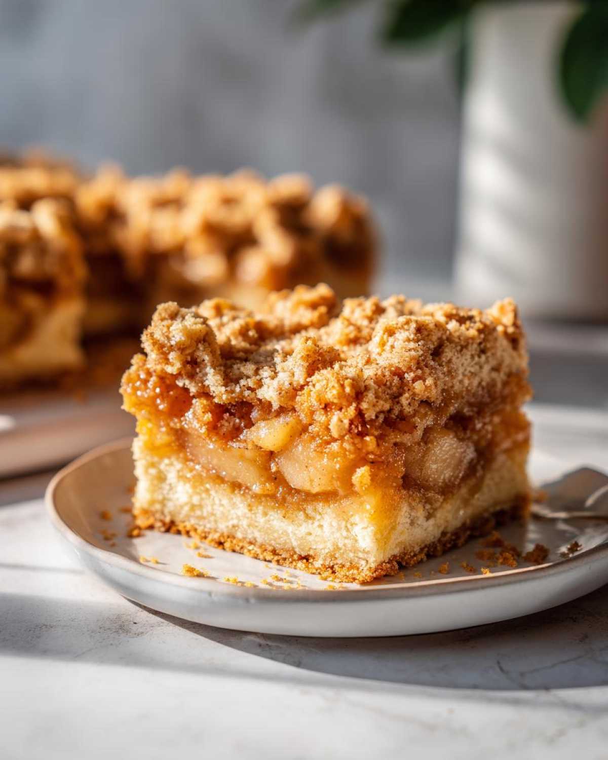 Close-up of a square serving of delicious & easy apple pie bars featuring a thick apple filling and buttery crumble topping.