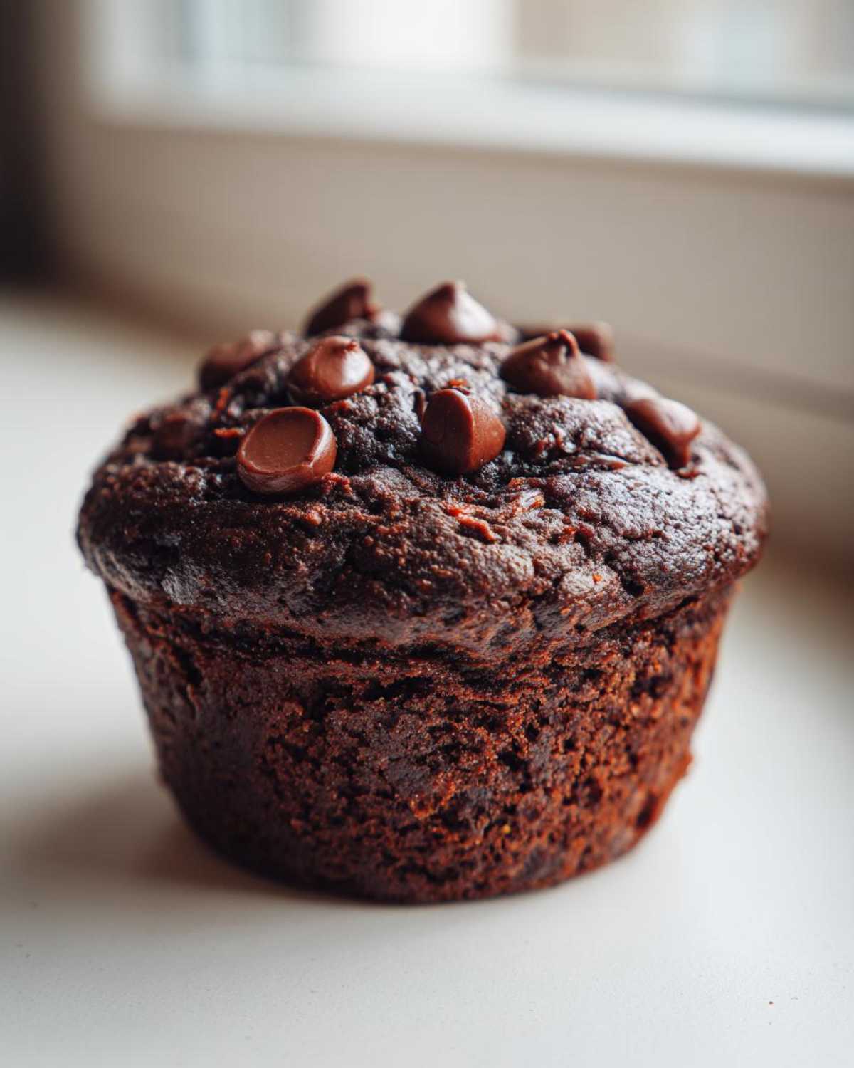 A close-up of a moist, dark chocolate muffin topped with melted chocolate chips, one of the Double Chocolate Zucchini Muffins.