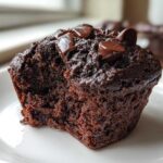 Close-up of a moist, dark chocolate Double Chocolate Zucchini Muffin with melted chocolate chips on top, sitting on a white plate.