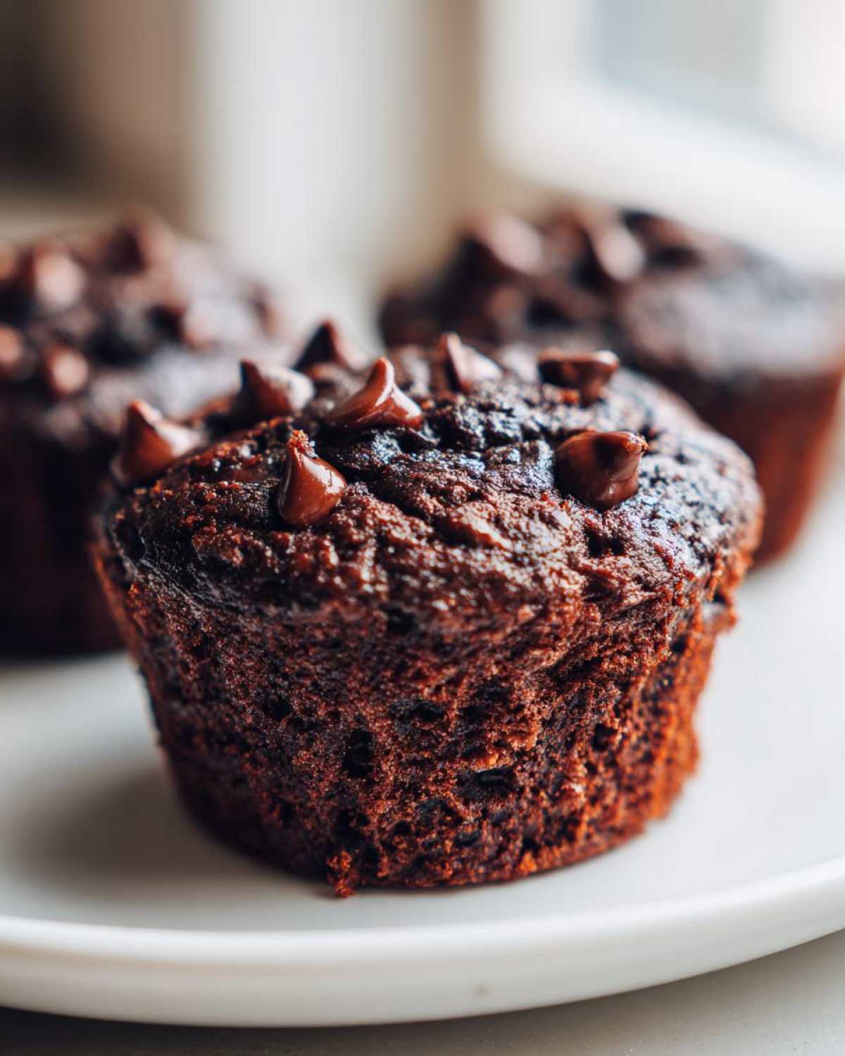 Close-up of a rich, dark Double Chocolate Zucchini Muffin topped with melted chocolate chips on a white plate.