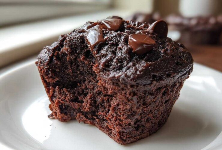 Close-up of a moist, dark chocolate Double Chocolate Zucchini Muffin with melted chocolate chips on top, sitting on a white plate.