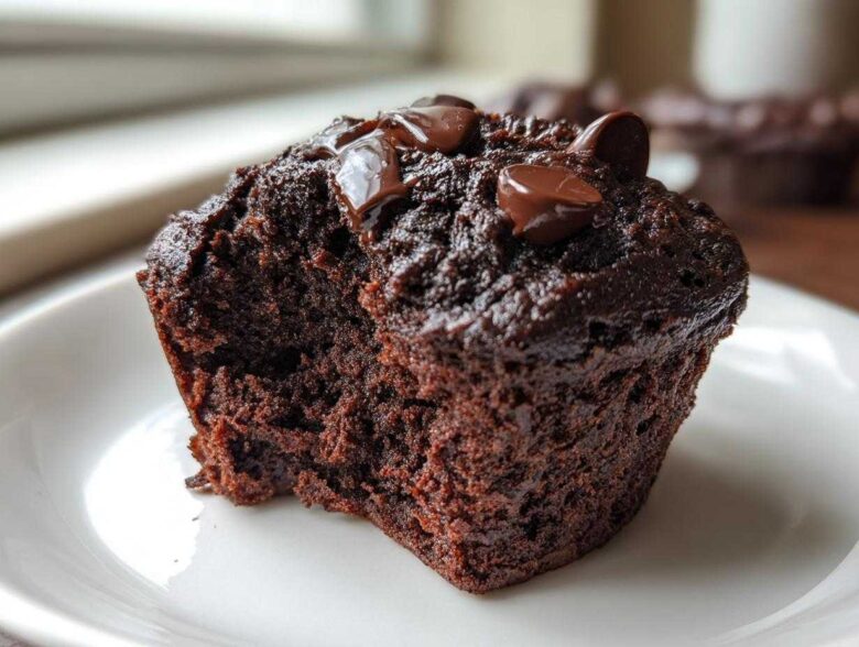Close-up of a moist, dark chocolate Double Chocolate Zucchini Muffin with melted chocolate chips on top, sitting on a white plate.