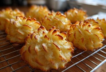Close-up of golden brown, piped Duchess potatoes cooling on a wire rack after baking.