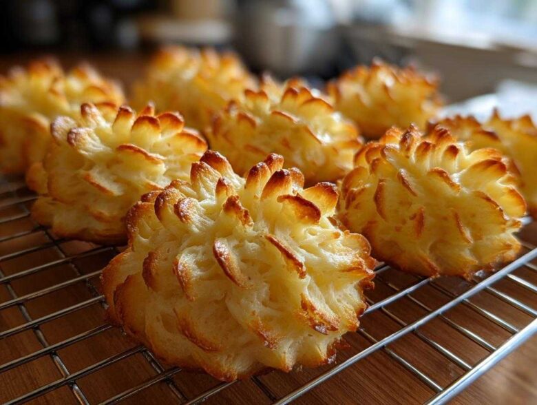 Close-up of golden brown, piped Duchess potatoes cooling on a wire rack after baking.