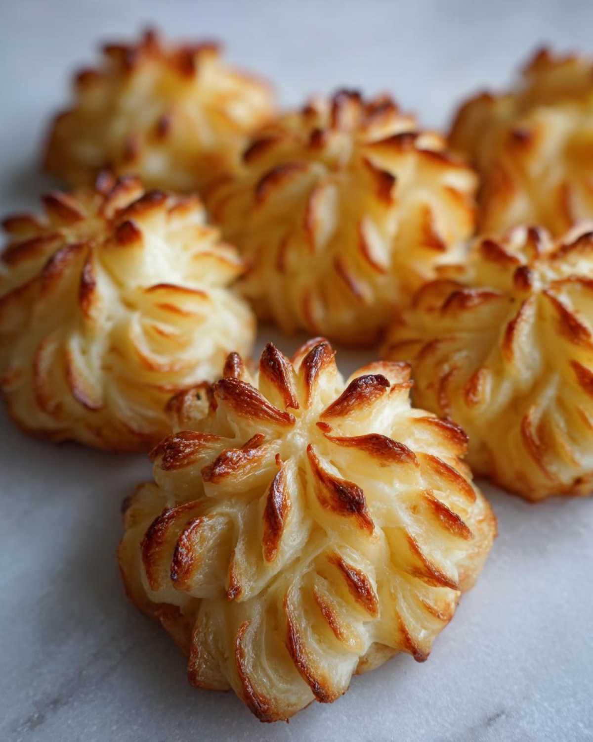 Close-up of several beautifully piped Duchess Potatoes, baked to a golden brown finish.