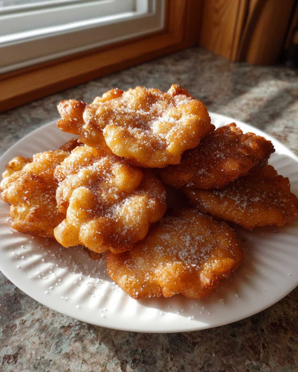 A stack of golden brown, freshly fried buñuelos generously sprinkled with granulated sugar on a white plate.