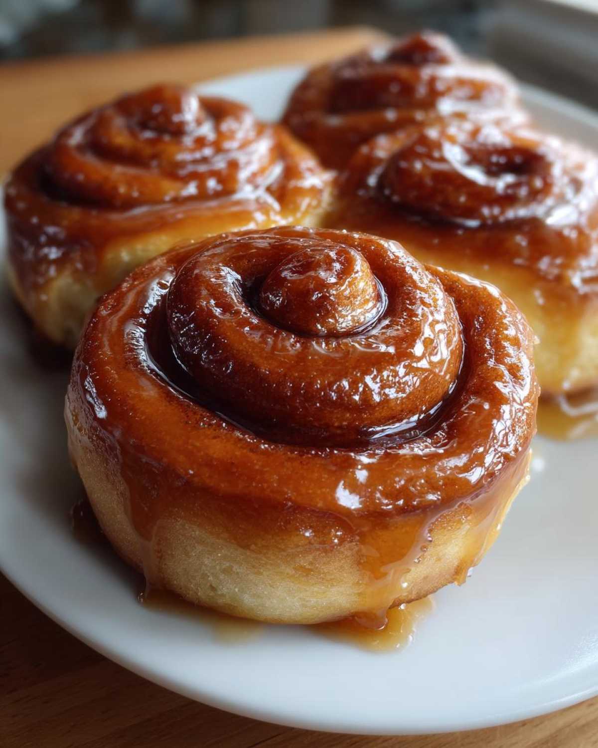 Close-up of three freshly baked rolls from the homemade honey bun recipe, generously covered in a shiny, dripping honey glaze.