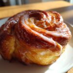 Close-up of a golden brown, freshly baked honey bun with thick white glaze, part of a homemade honey bun recipe.