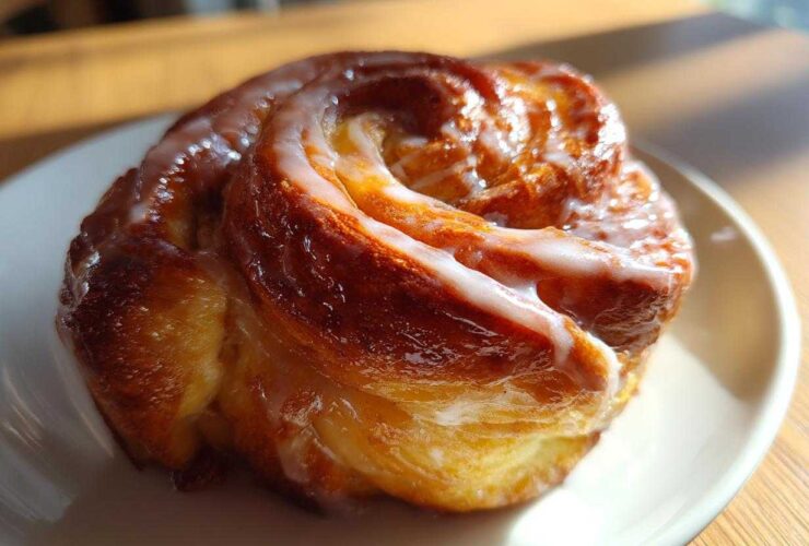 Close-up of a golden brown, freshly baked honey bun with thick white glaze, part of a homemade honey bun recipe.