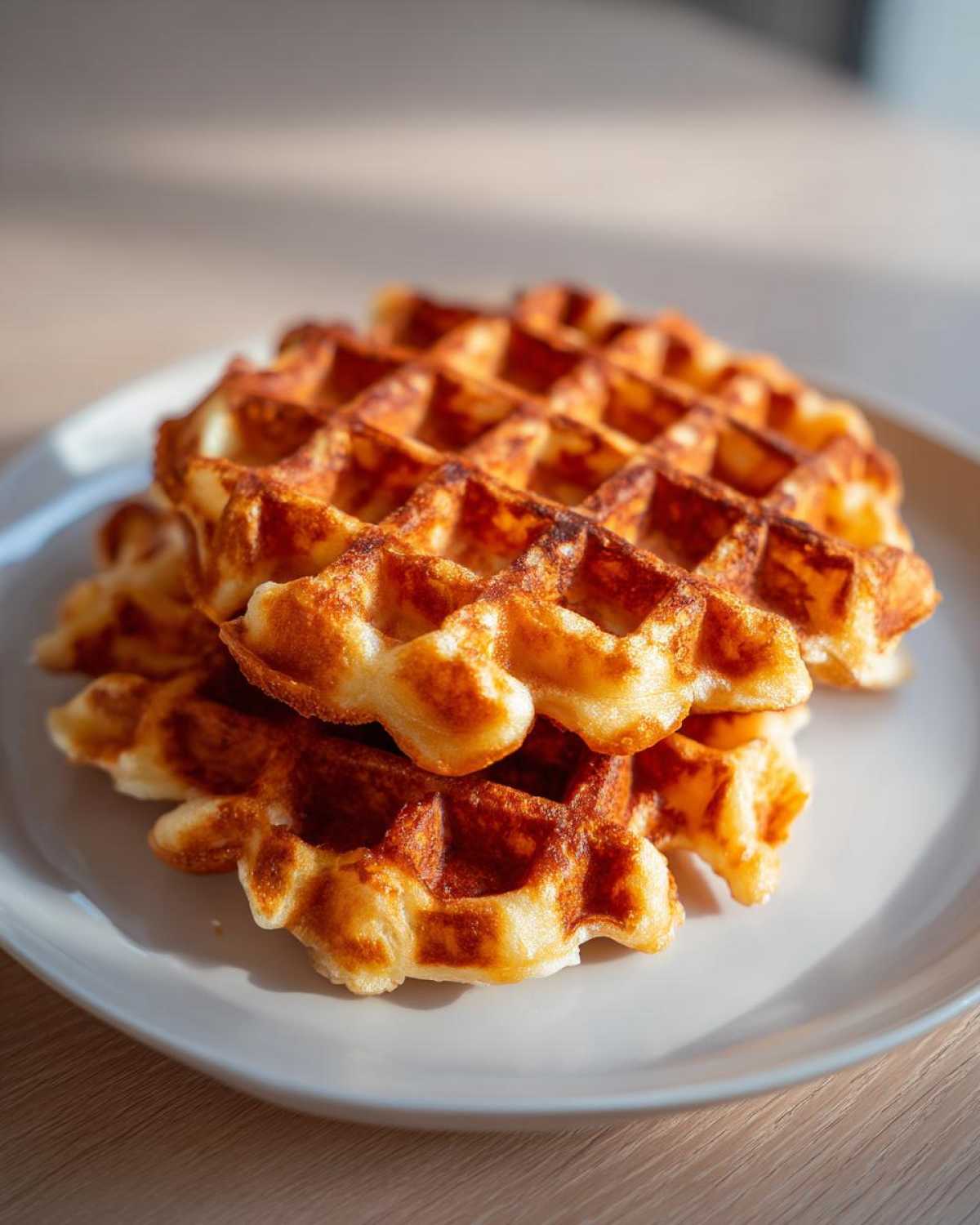 A close-up stack of golden brown, freshly made easy Belgian waffles on a light gray plate.