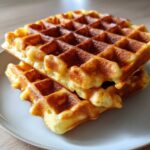 Close-up of a stack of two golden brown, freshly made easy Belgian waffles on a light gray plate.