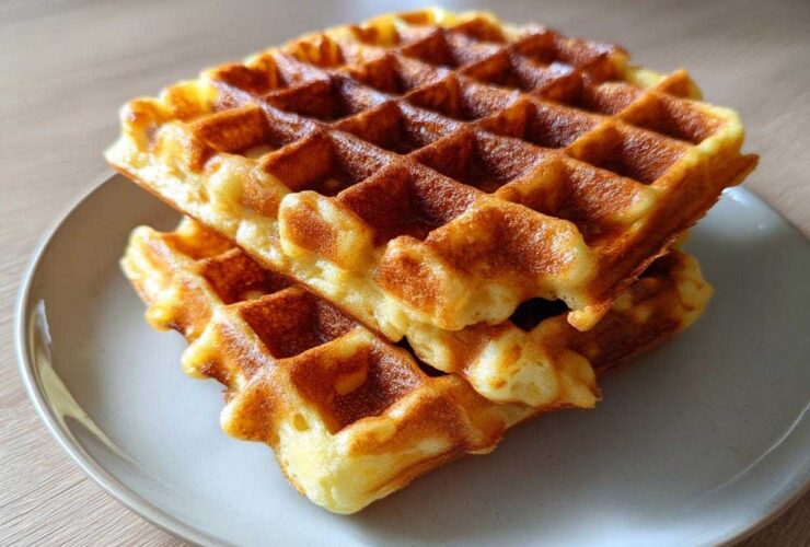 Close-up of a stack of two golden brown, freshly made easy Belgian waffles on a light gray plate.