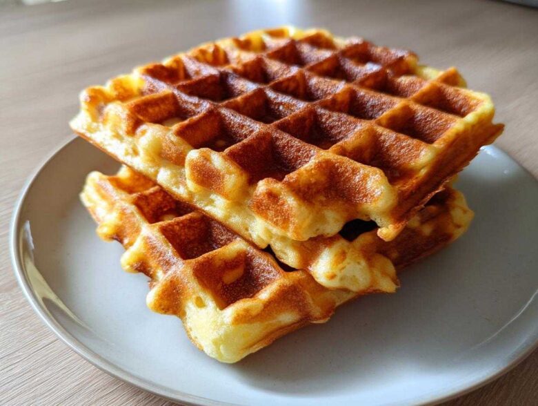 Close-up of a stack of two golden brown, freshly made easy Belgian waffles on a light gray plate.