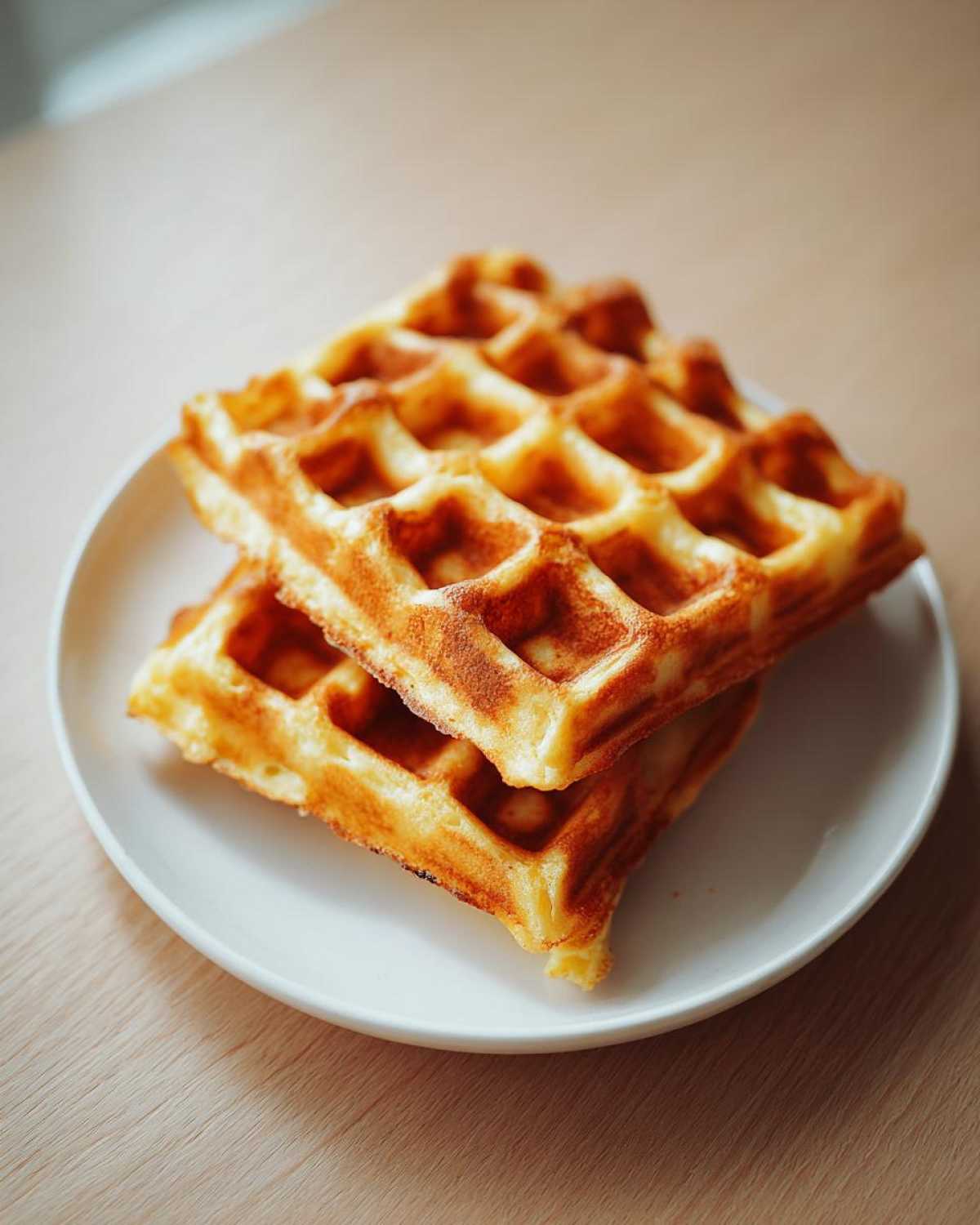 Two golden brown, freshly made easy Belgian waffles stacked on a small white plate.