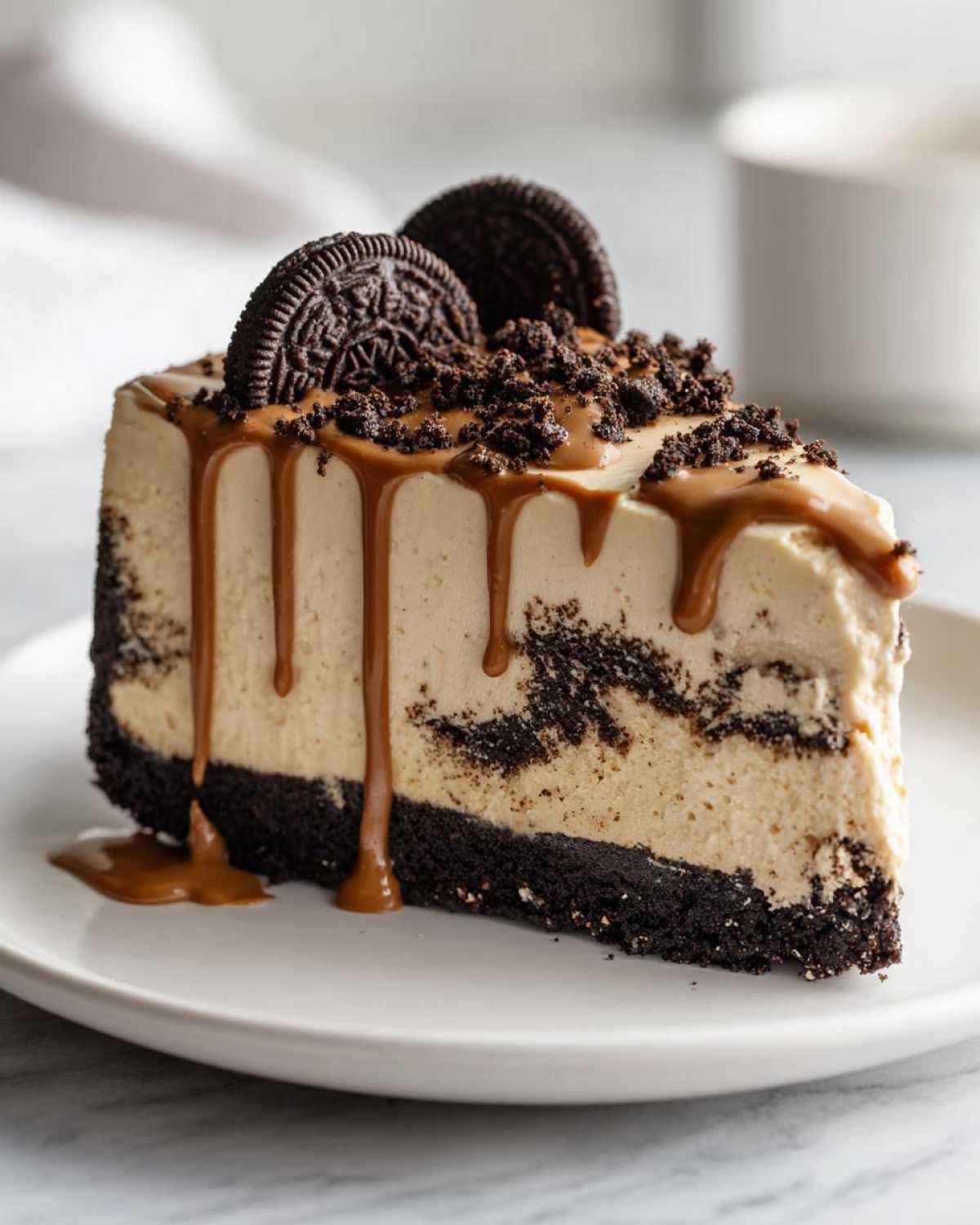 A decadent slice of easy biscoff cheesecake featuring a dark cookie crust, creamy filling, caramel drizzle, and Oreo cookie garnish.