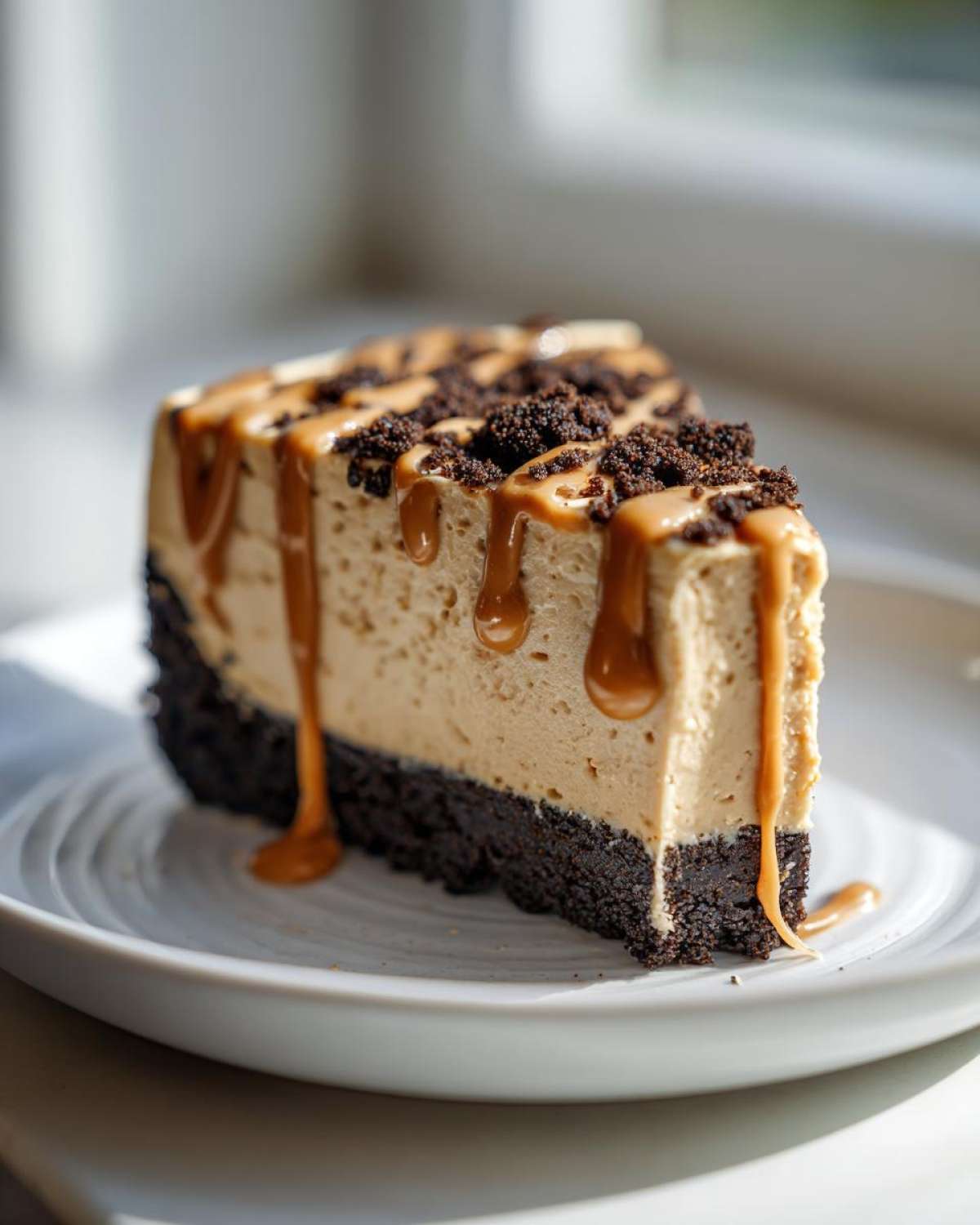 A perfect slice of easy biscoff cheesecake with a dark crust, topped with caramel sauce and cookie crumbs.