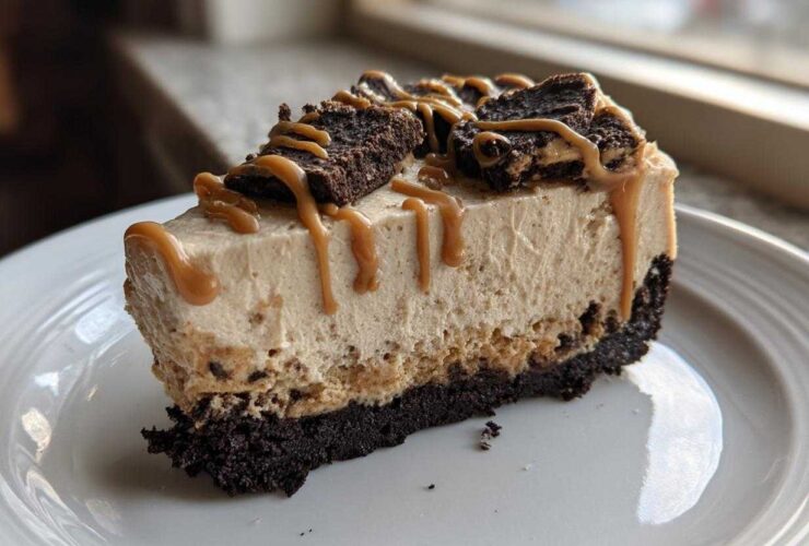 A decadent slice of easy biscoff cheesecake with a dark crust, topped with caramel drizzle and cookie pieces.
