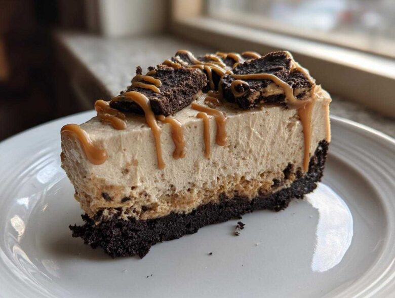A decadent slice of easy biscoff cheesecake with a dark crust, topped with caramel drizzle and cookie pieces.