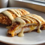 Two halves of baked chicken cordon bleu, showing melted cheese and ham filling, drizzled with creamy sauce.