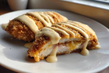 Two halves of baked chicken cordon bleu, showing melted cheese and ham filling, drizzled with creamy sauce.