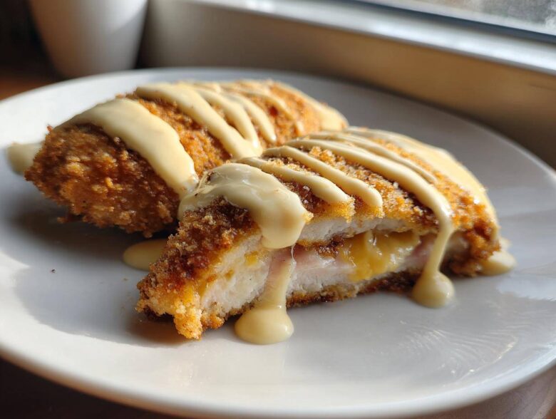 Two halves of baked chicken cordon bleu, showing melted cheese and ham filling, drizzled with creamy sauce.