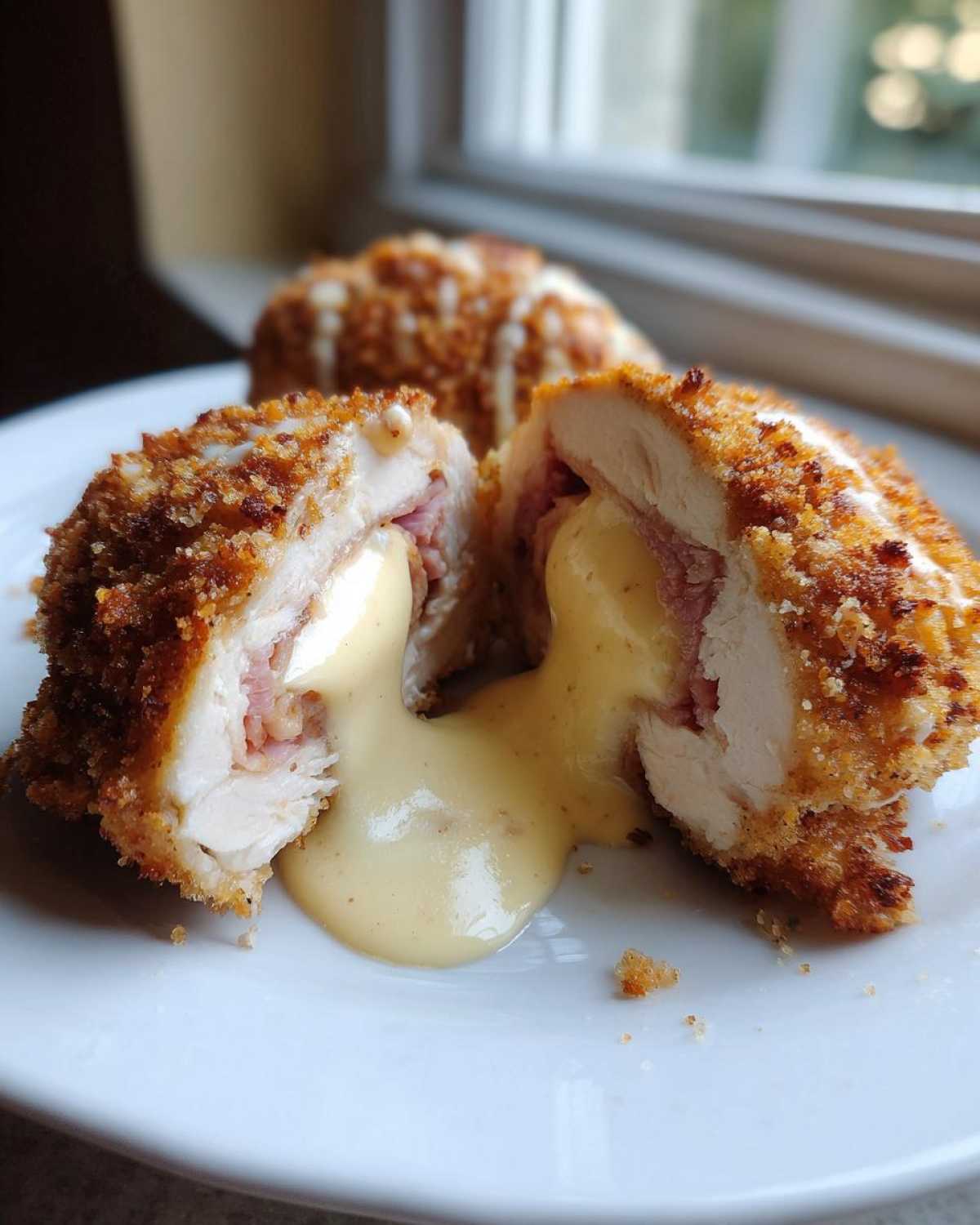 A cross-section of baked chicken cordon bleu showing melted cheese and ham oozing out.