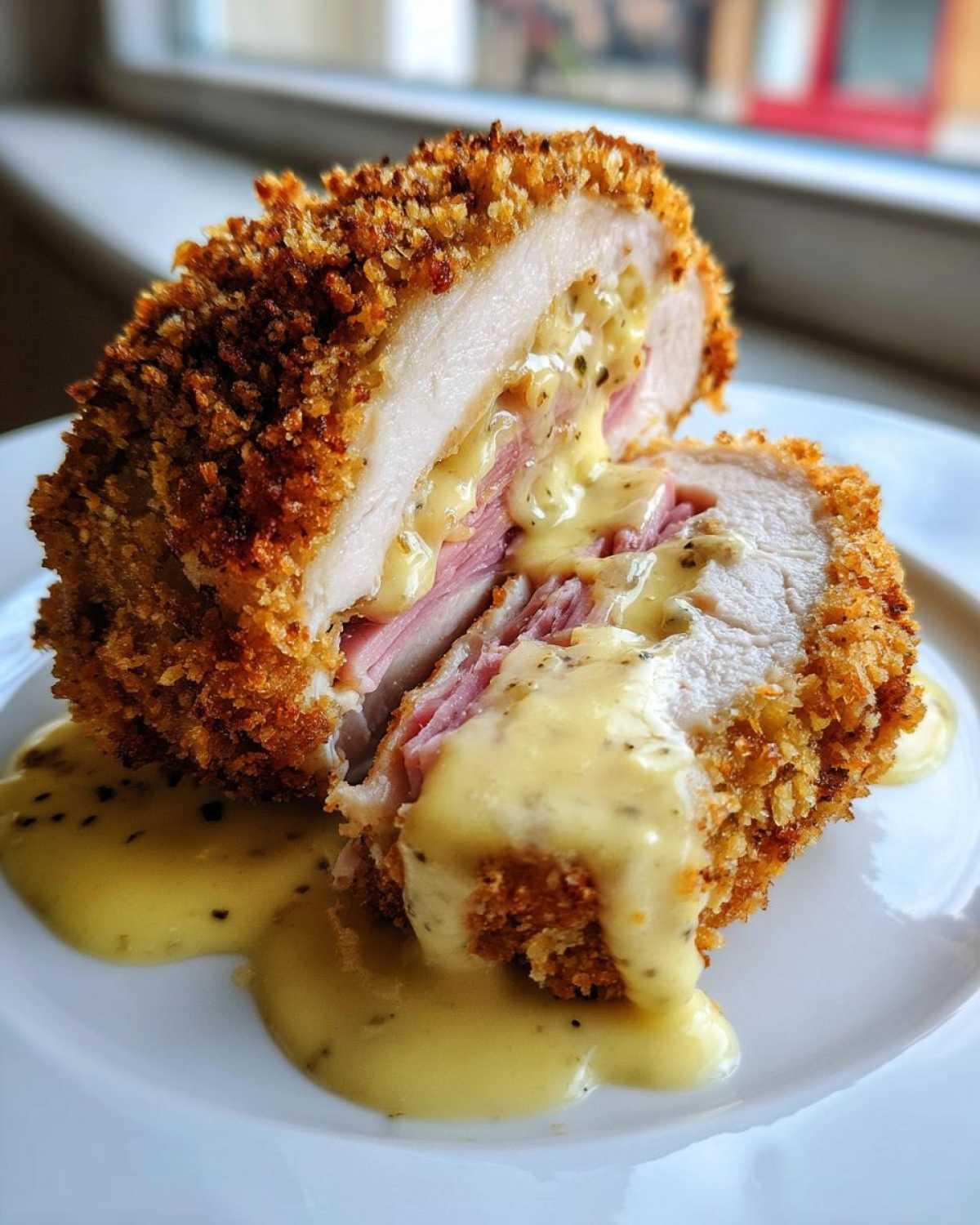A cross-section of baked chicken cordon bleu showing melted cheese and ham filling oozing out, served with creamy sauce.