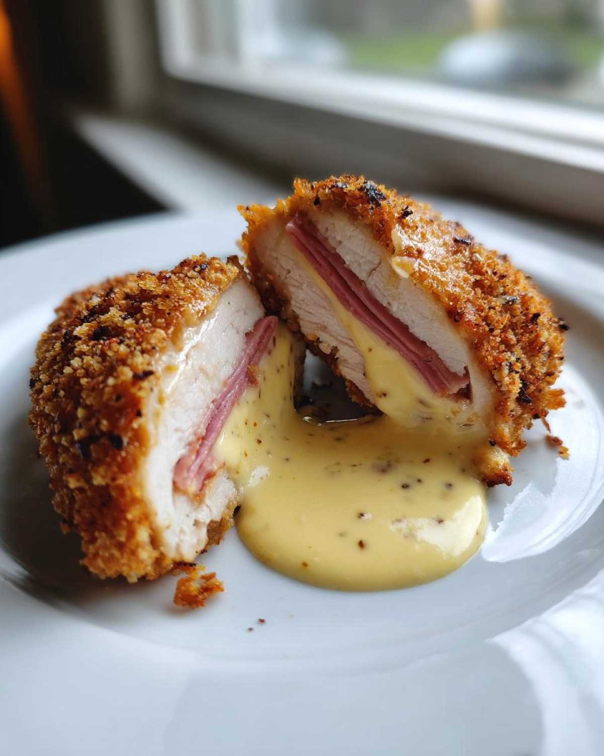 Cross-section of a crispy, baked chicken cordon bleu showing ham, melted cheese, and creamy mustard sauce.