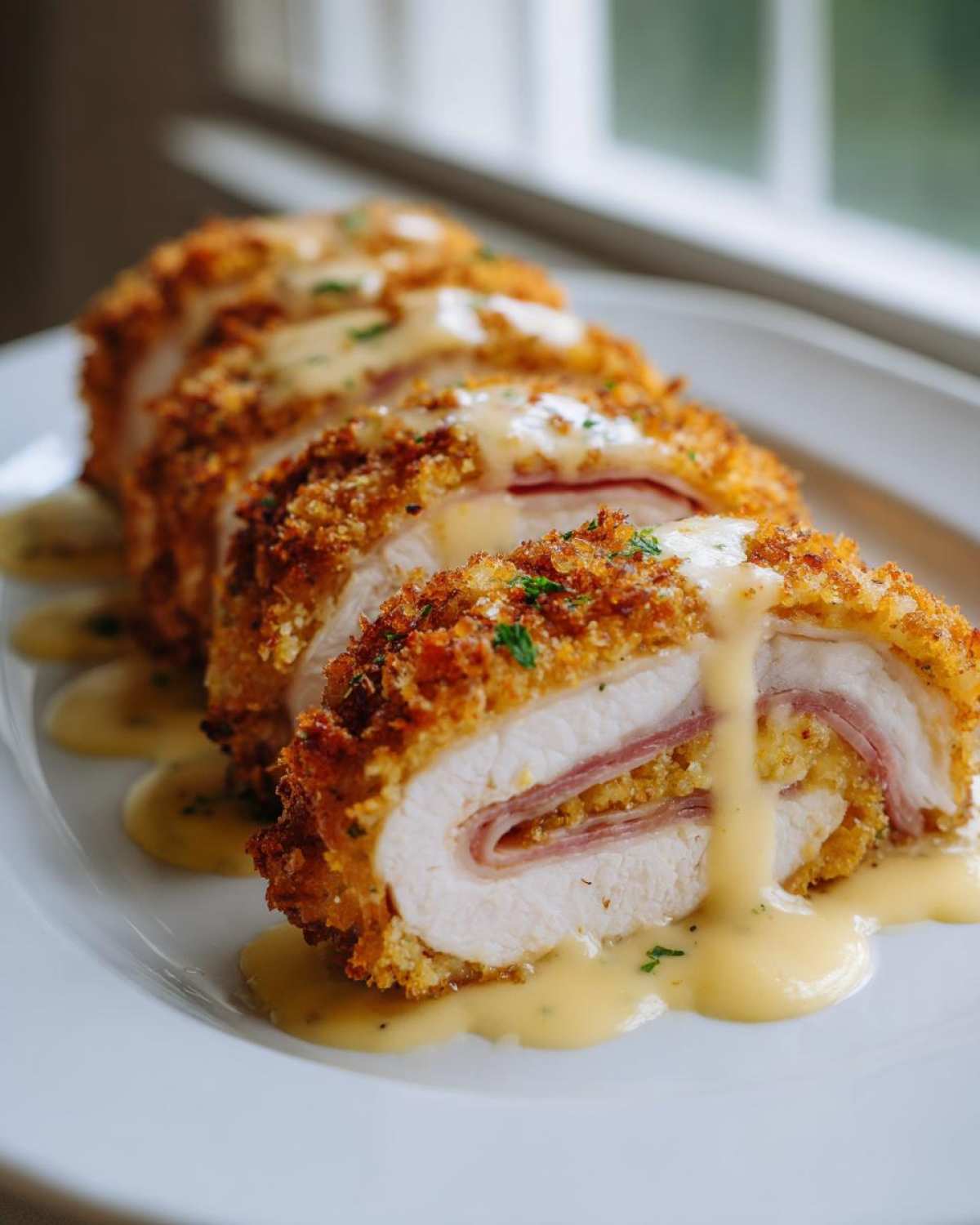 Close-up of sliced chicken cordon bleu, showing ham and cheese filling, topped with a creamy yellow sauce.