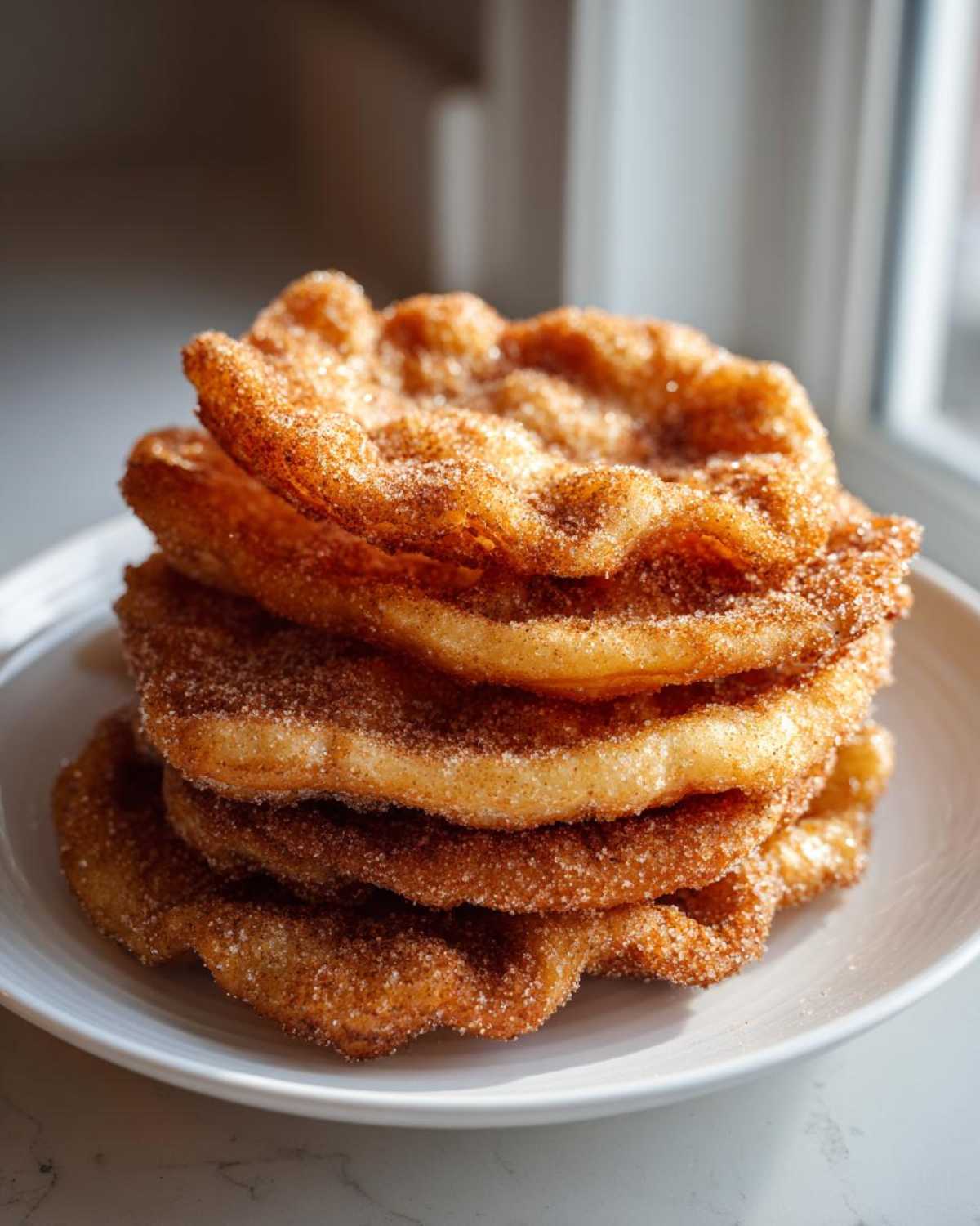 A tall stack of golden brown, crispy buñuelos generously coated in cinnamon sugar resting on a white plate.