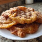 A stack of freshly fried, golden brown buñuelos generously coated in cinnamon sugar on a white plate.