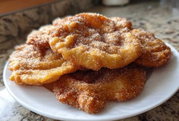 A stack of freshly fried, golden brown buñuelos generously coated in cinnamon sugar on a white plate.