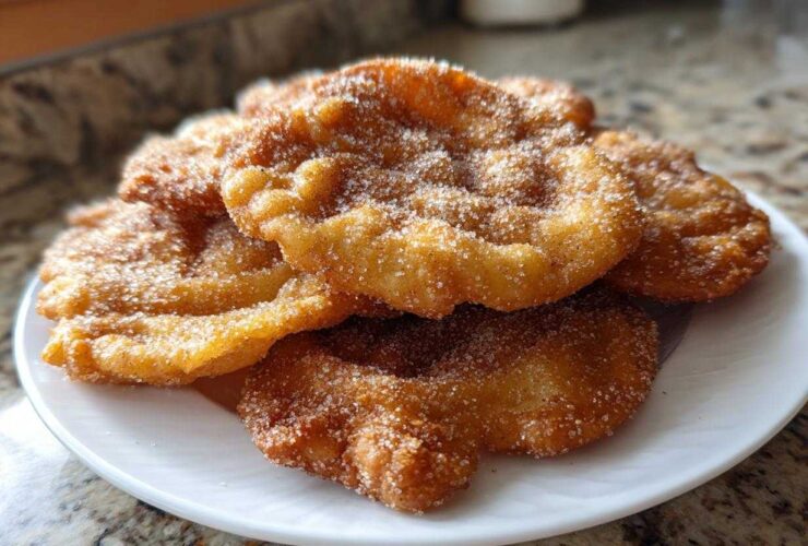 A stack of freshly fried, golden brown buñuelos generously coated in cinnamon sugar on a white plate.