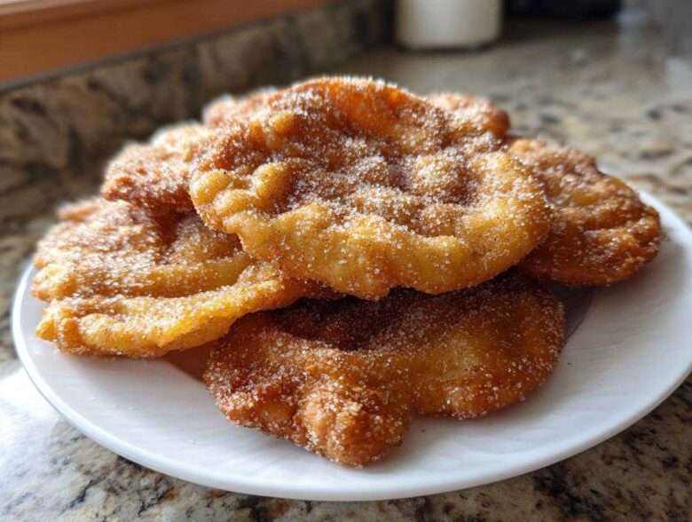 A stack of freshly fried, golden brown buñuelos generously coated in cinnamon sugar on a white plate.