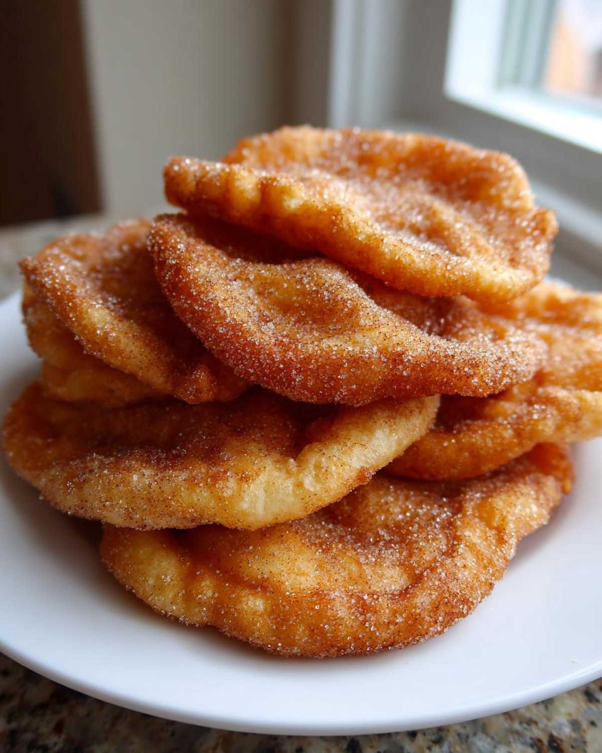 A close-up stack of freshly made, golden brown buñuelos coated heavily in cinnamon sugar.