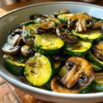 A close-up bowl of easy and delicious sauteed zucchini mushrooms seasoned with pepper.