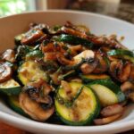 Close-up of easy and delicious sauteed zucchini mushrooms garnished with herbs in a white bowl.