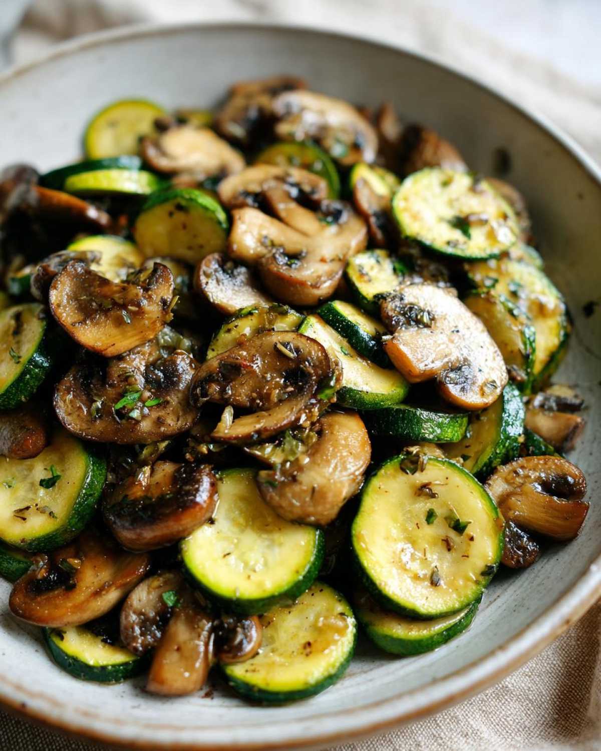 Close-up of easy and delicious sauteed zucchini mushrooms seasoned with herbs in a rustic bowl.