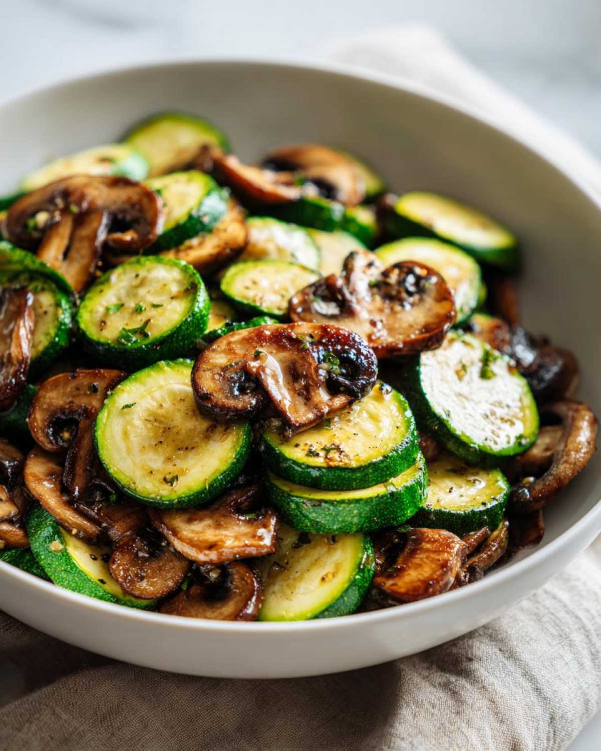 A white bowl filled with perfectly cooked, easy and delicious sauteed zucchini mushrooms seasoned with herbs.