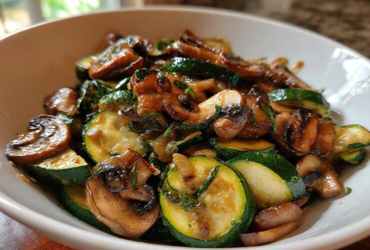 Close-up of easy and delicious sauteed zucchini mushrooms garnished with herbs in a white bowl.