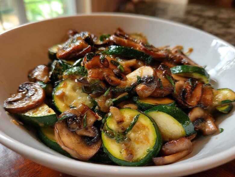 Close-up of easy and delicious sauteed zucchini mushrooms garnished with herbs in a white bowl.