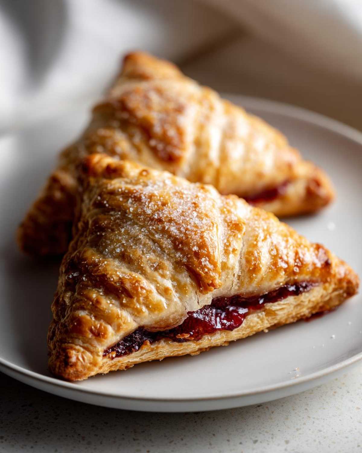 Two golden brown easy homemade cherry turnovers dusted with sugar on a light plate.