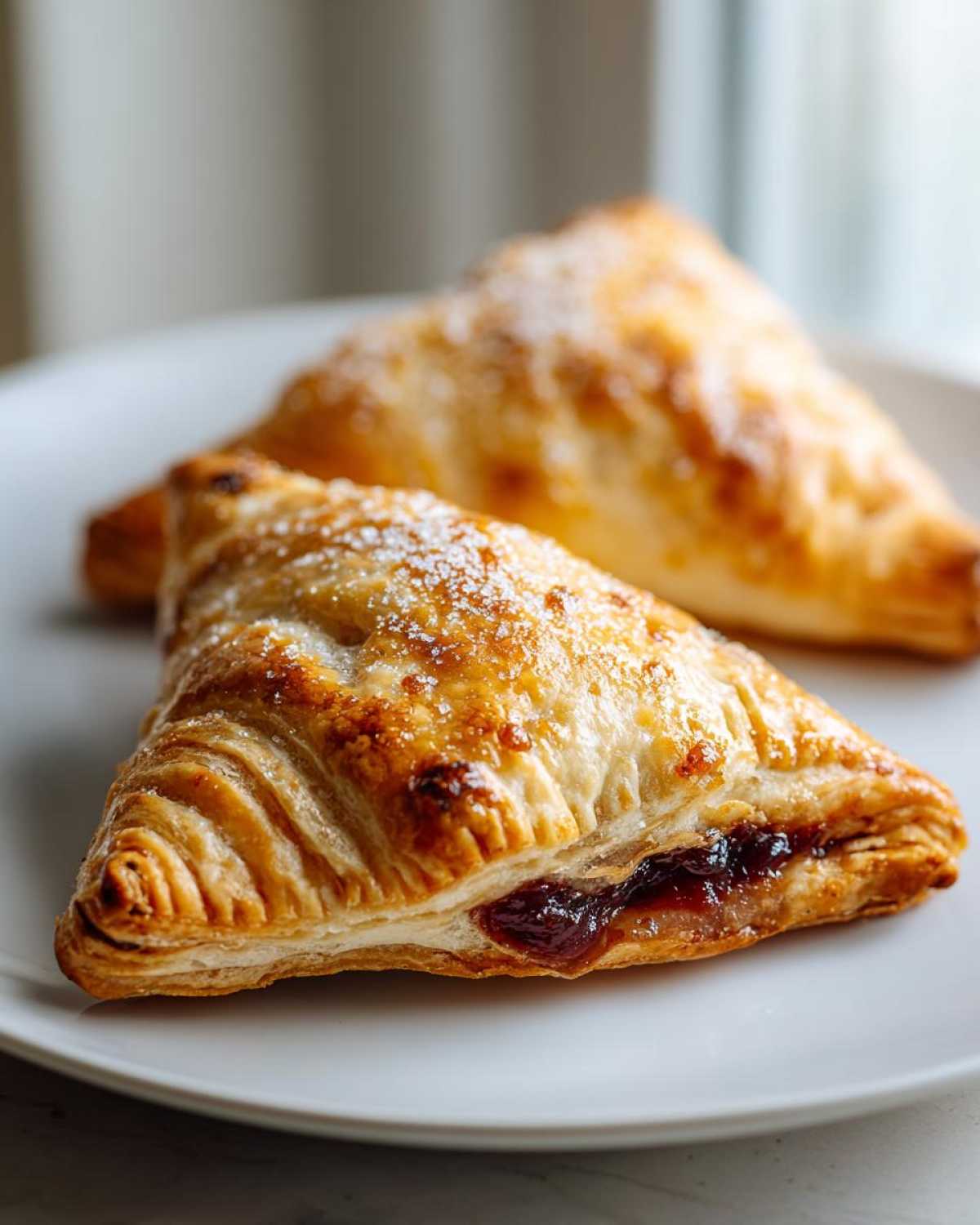 Two golden-brown easy homemade cherry turnovers dusted with sugar on a white plate.