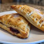 Two golden brown easy homemade cherry turnovers stacked on a white plate, showing flaky pastry and cherry filling.