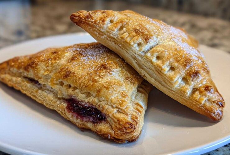 Two golden brown easy homemade cherry turnovers stacked on a white plate, showing flaky pastry and cherry filling.