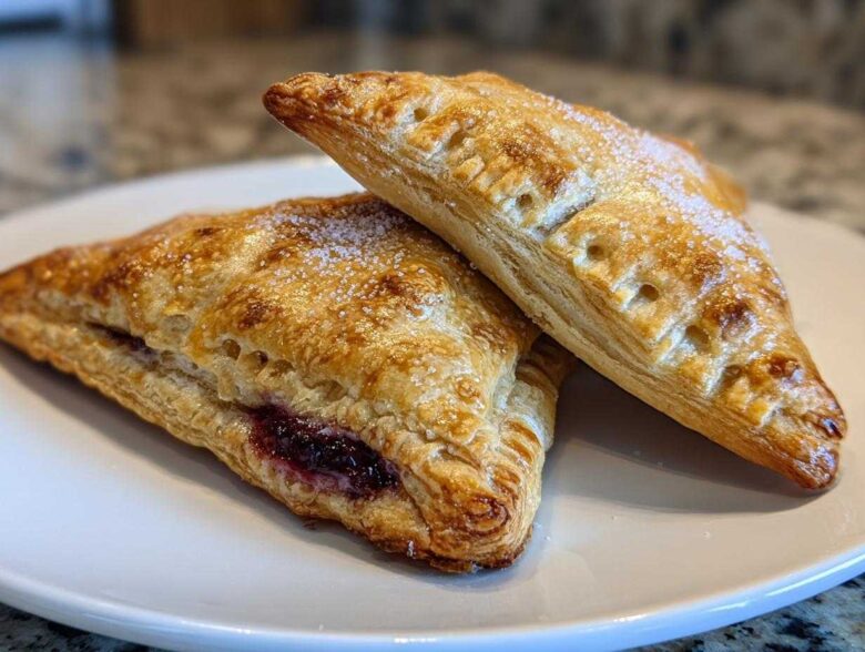 Two golden brown easy homemade cherry turnovers stacked on a white plate, showing flaky pastry and cherry filling.